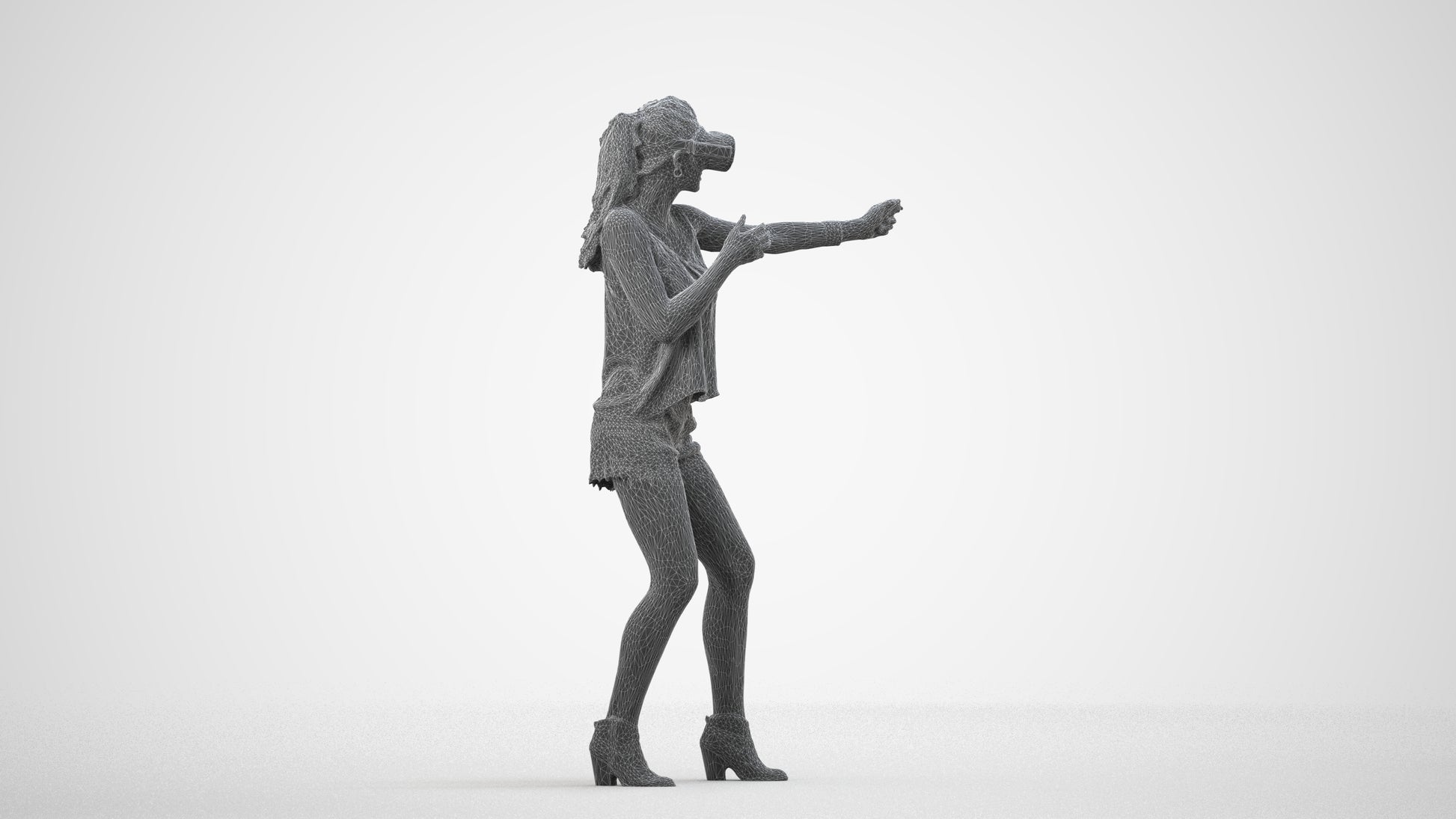 scanned 3D girl casual standing, photogrammetry people for Enscape and V-Ray, wireframe side view