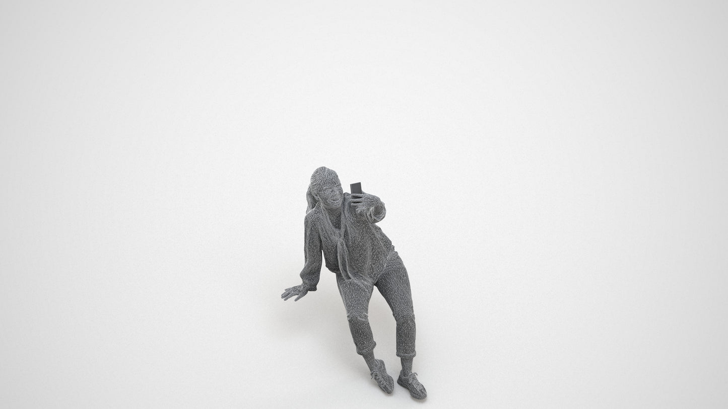 3D people model woman casual sitting, scanned human for 3ds Max rendering, wireframe three-quarter view