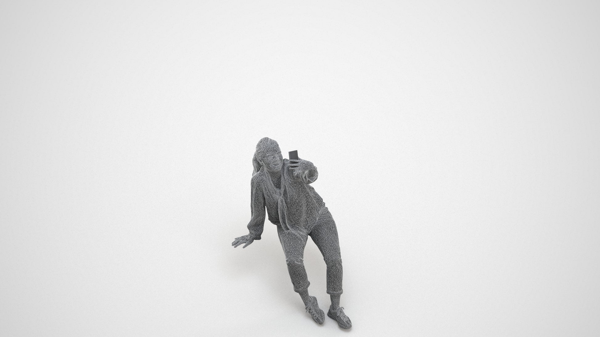 3D people model woman casual sitting, scanned human for 3ds Max rendering, wireframe three-quarter view