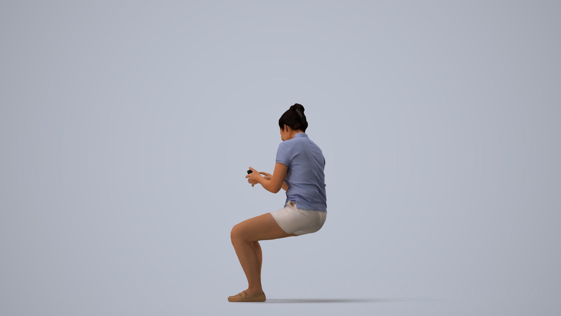 realistic 3D woman casual sitting, scanned archviz people for Blender and 3ds Max, three-quarter view render