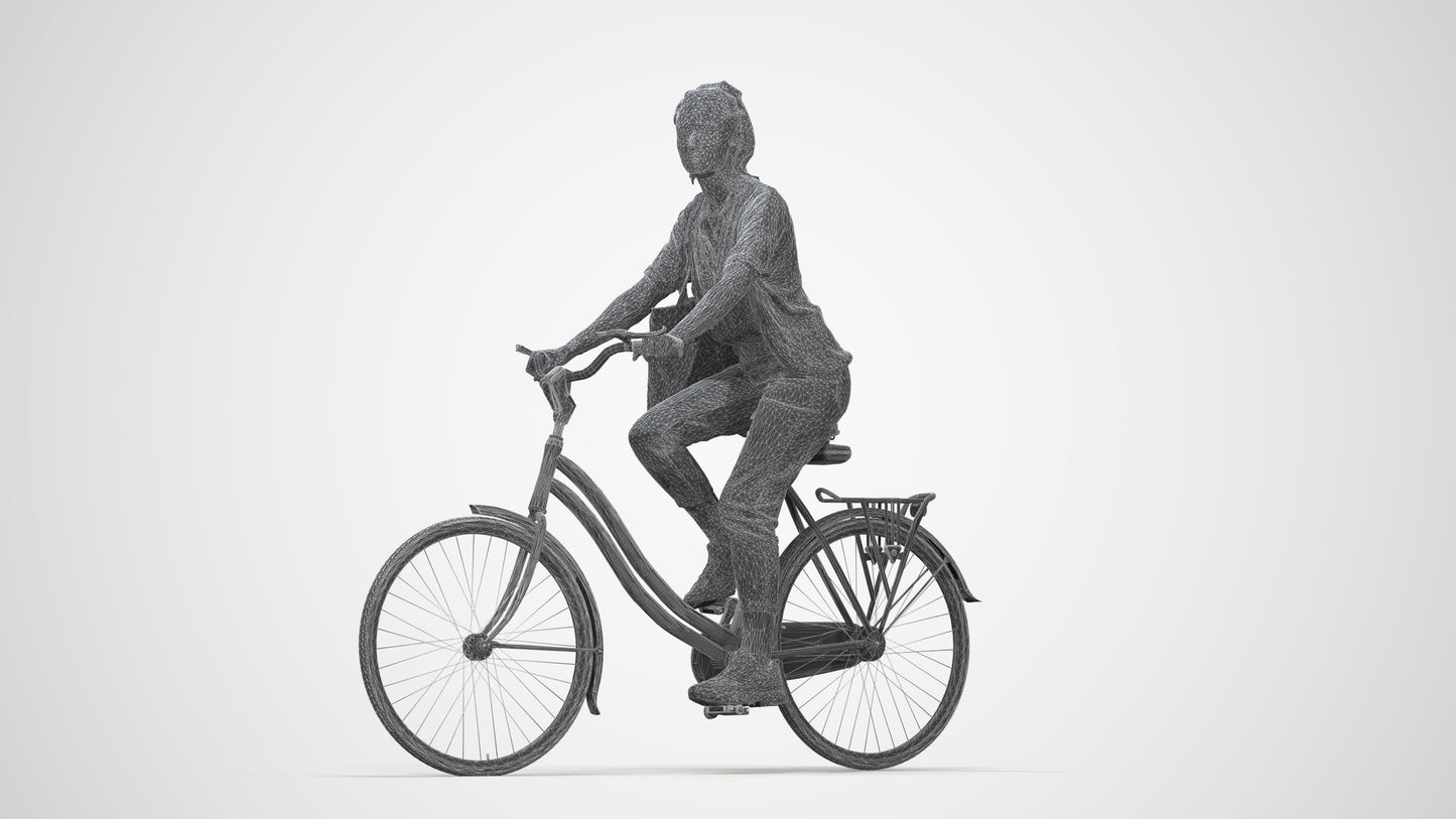 3D human model woman casual cycling, photogrammetry scanned person for archviz, wireframe back view