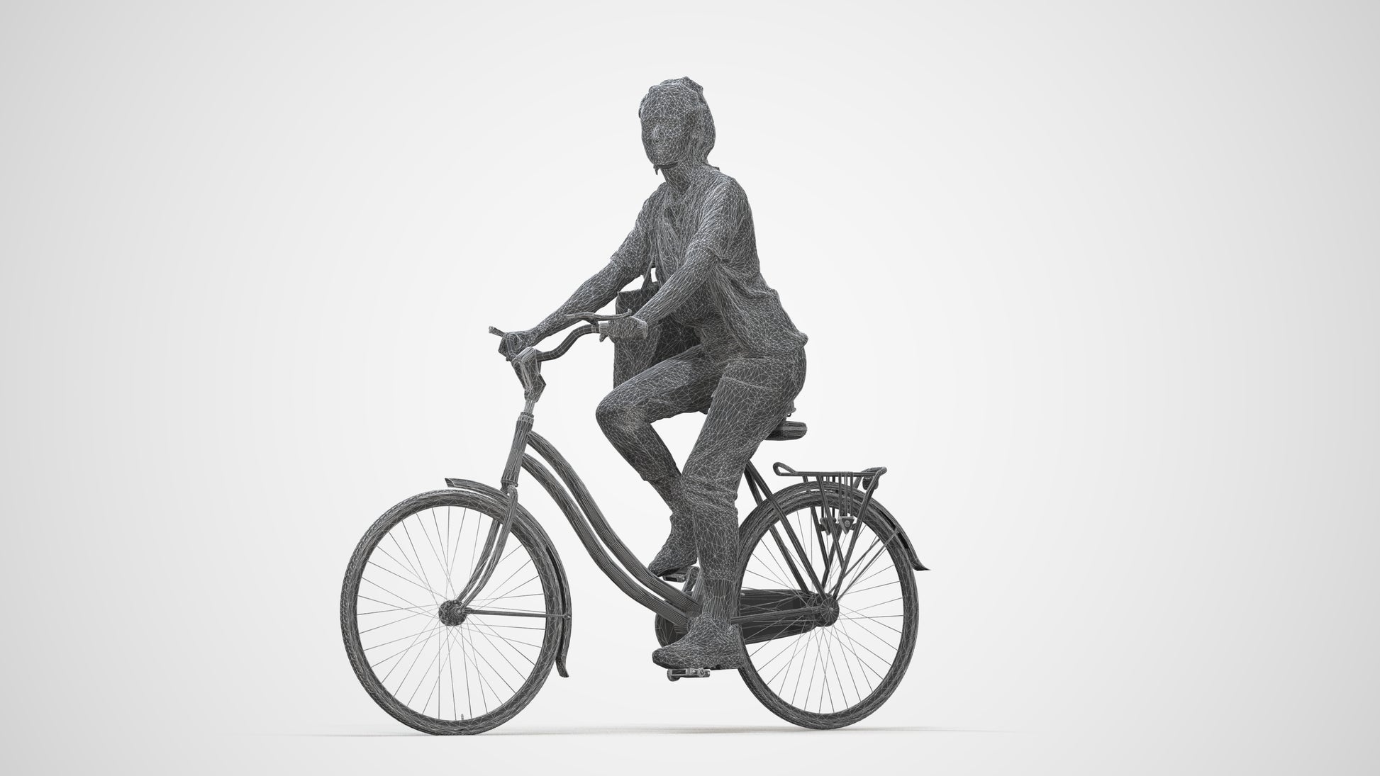3D human model woman casual cycling, photogrammetry scanned person for archviz, wireframe back view