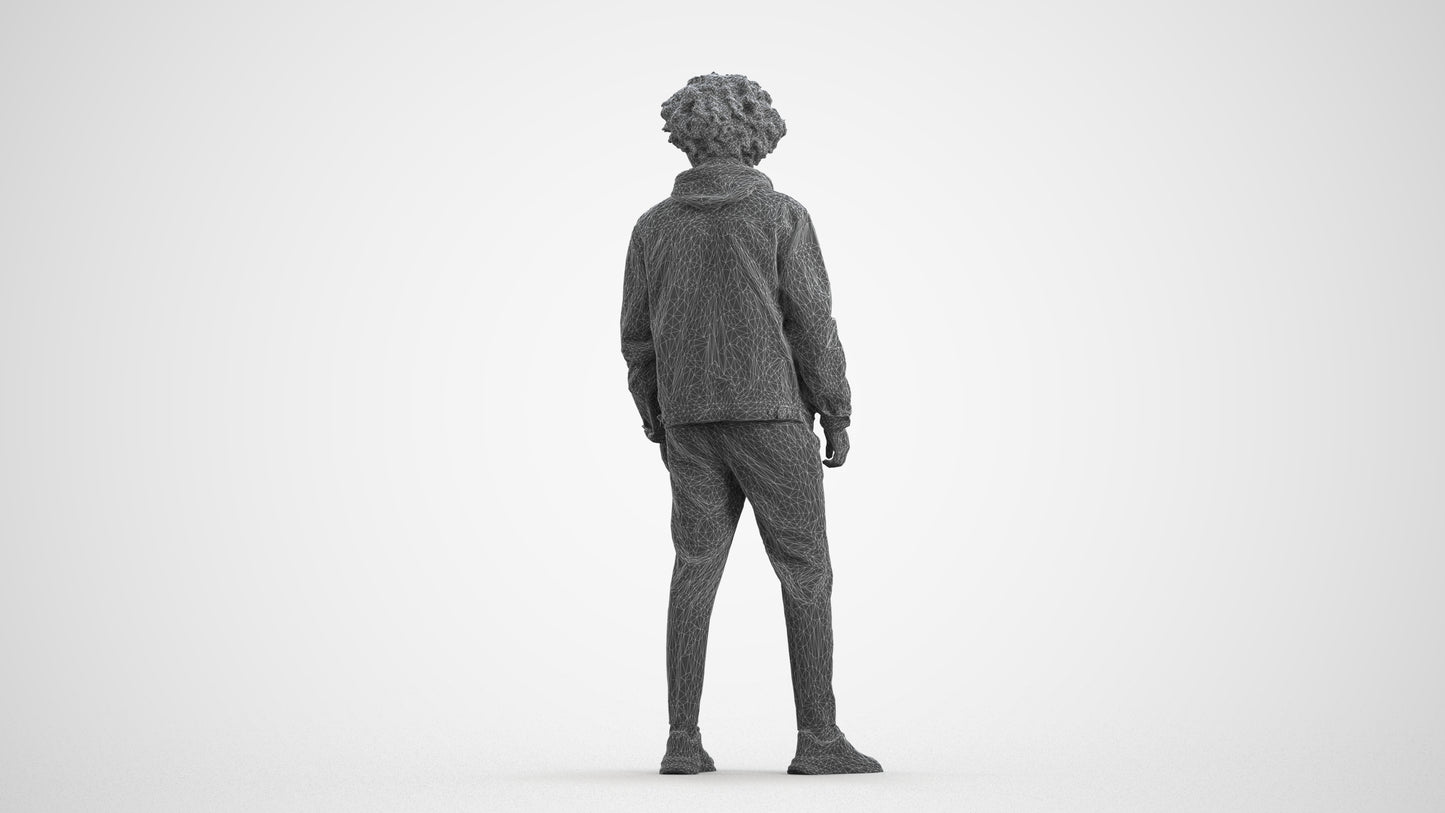 3D human model man casual standing, photogrammetry scanned person for archviz, wireframe front view