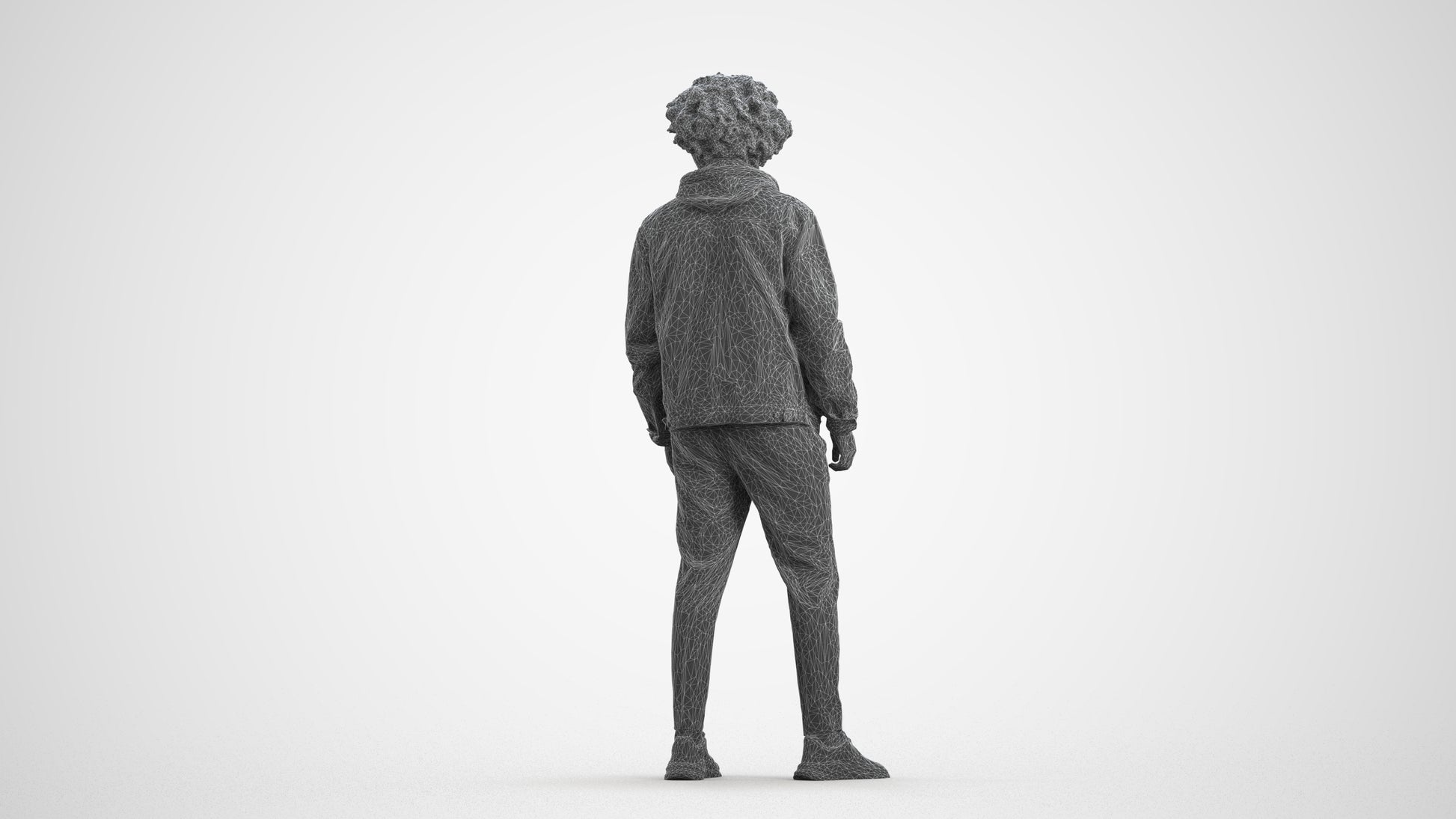 3D human model man casual standing, photogrammetry scanned person for archviz, wireframe front view