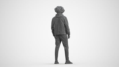 3D human model man casual standing, photogrammetry scanned person for archviz, wireframe front view