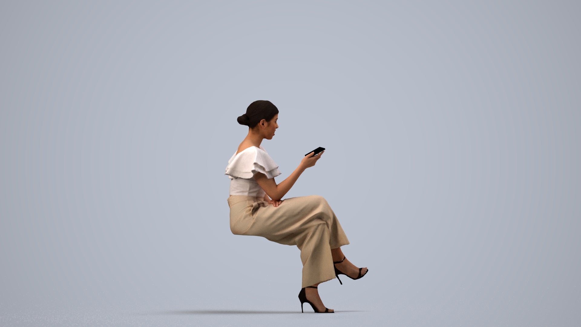 scanned 3D woman business sitting, photogrammetry people for Enscape and V-Ray, side view render