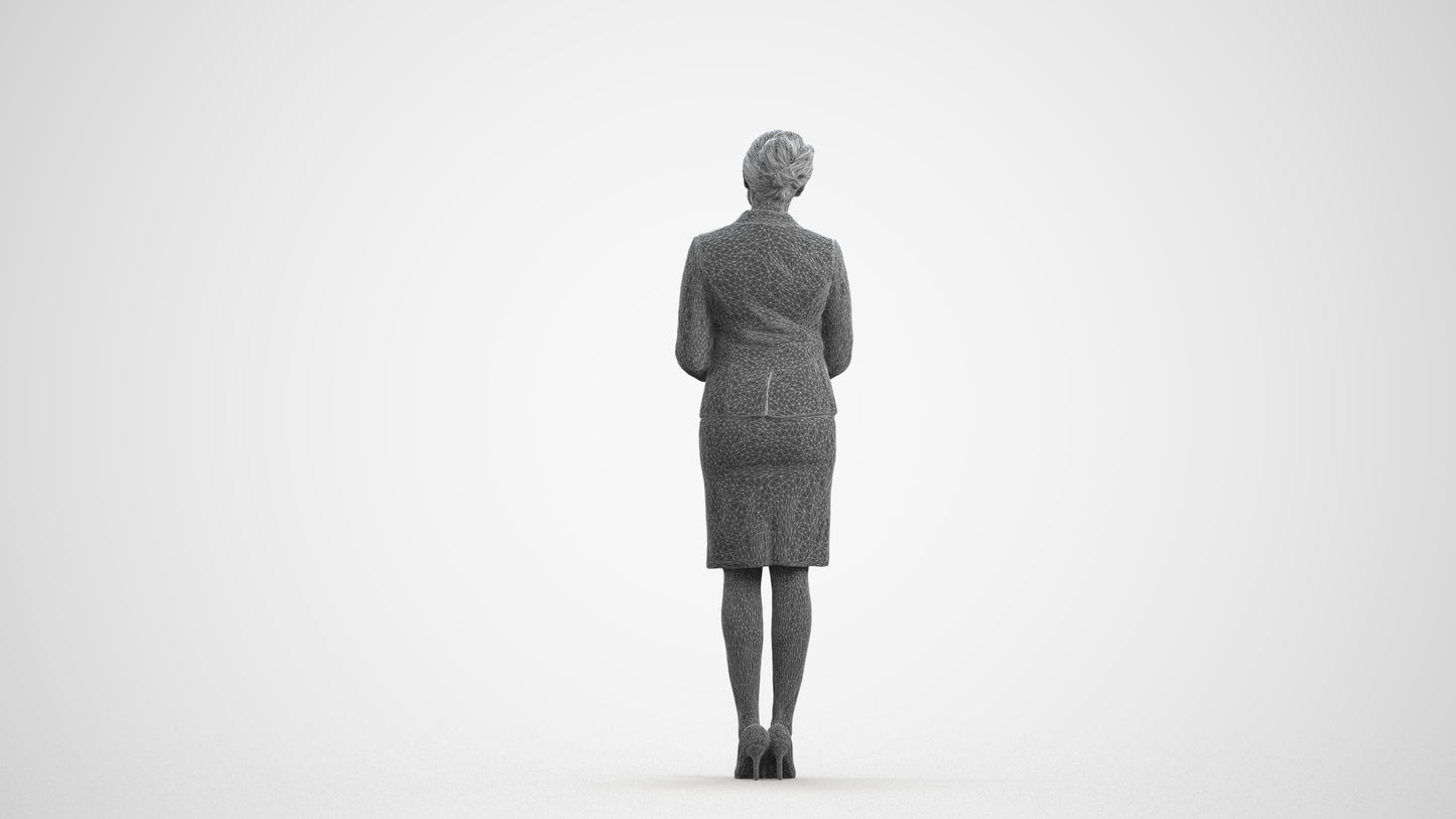 3D scanned woman standing, photorealistic archviz people for Enscape and SketchUp, wireframe front view