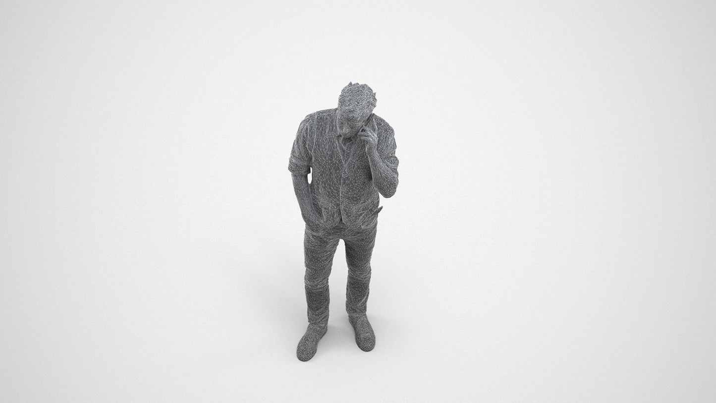 3D human model man casual standing, photogrammetry scanned person for archviz, wireframe three-quarter view