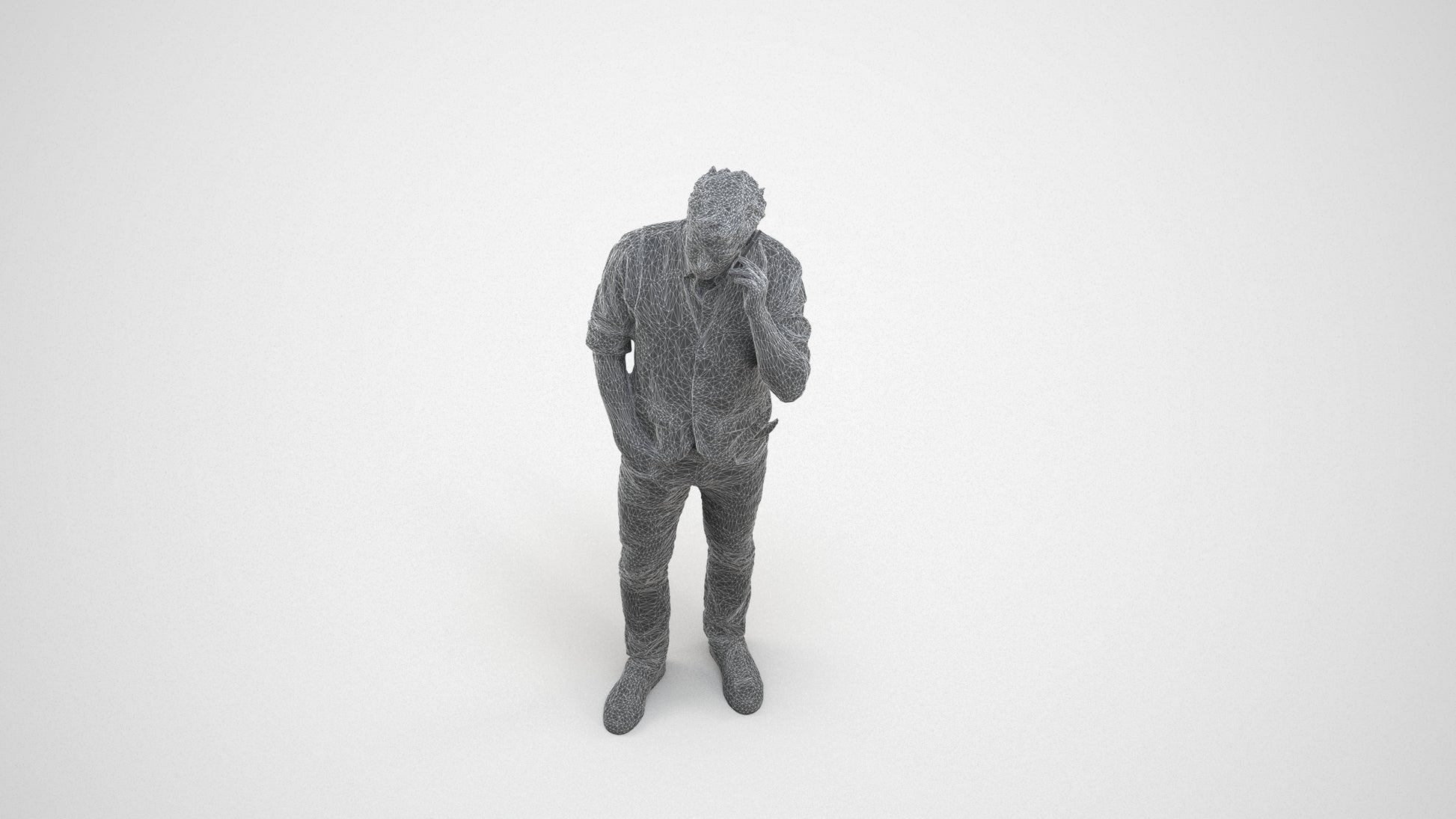 3D human model man casual standing, photogrammetry scanned person for archviz, wireframe three-quarter view