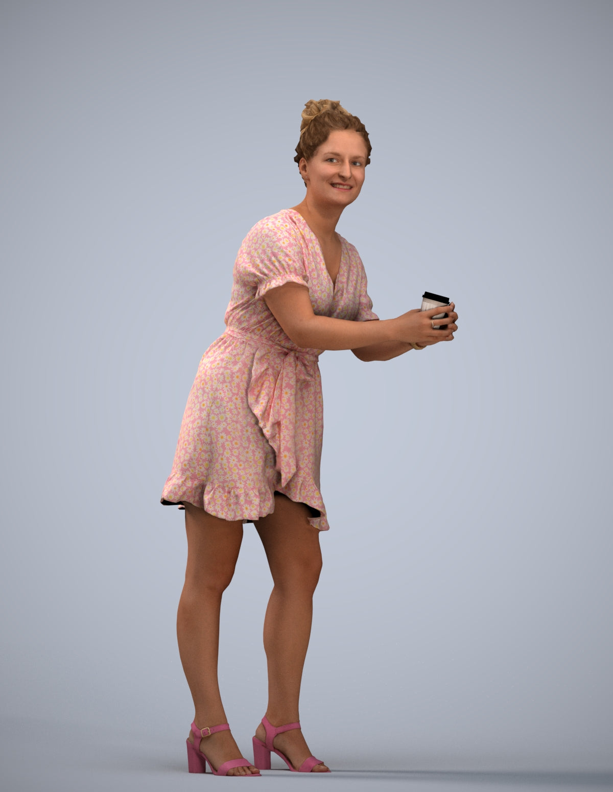 3D human model woman casual standing, photogrammetry scanned person for archviz