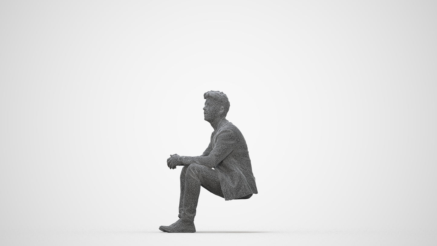 realistic 3D man casual sitting, scanned archviz people for Blender and 3ds Max, wireframe back view
