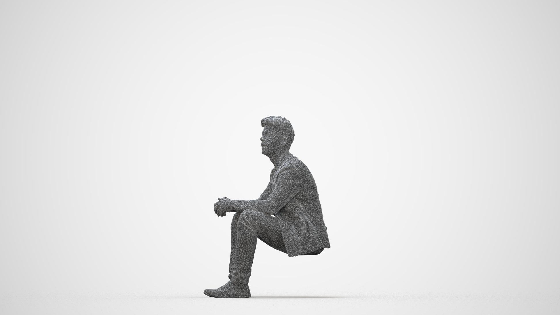 realistic 3D man casual sitting, scanned archviz people for Blender and 3ds Max, wireframe back view