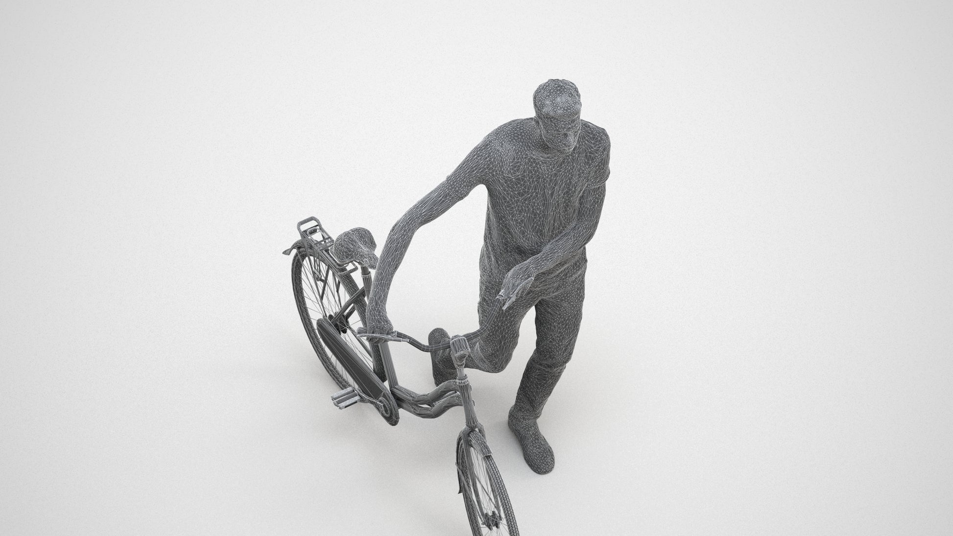 realistic 3D people man casual cycling, render-ready for V-Ray and Corona, FBX OBJ, wireframe three-quarter view