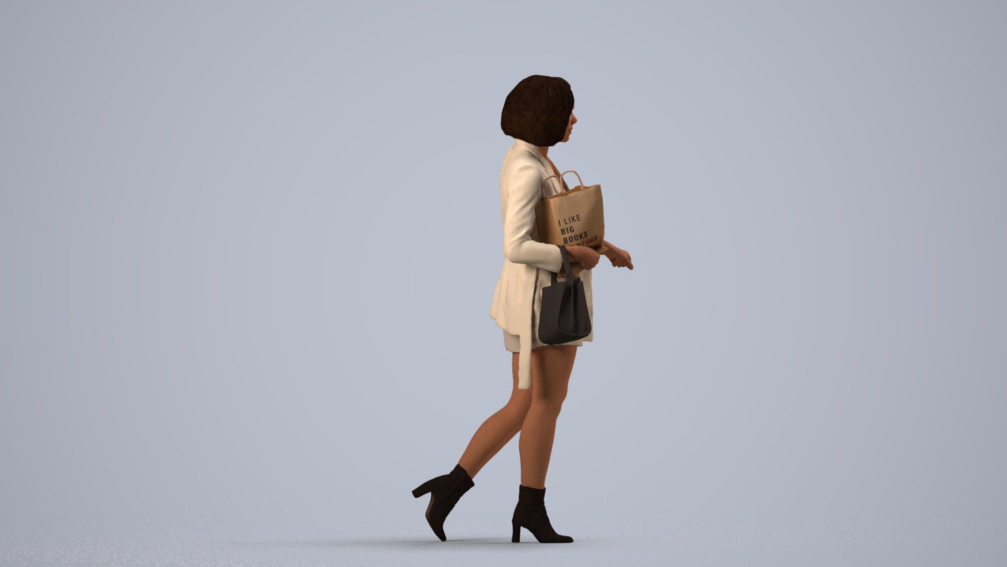 3D human model woman casual shopping, photogrammetry scanned person for archviz, side view render