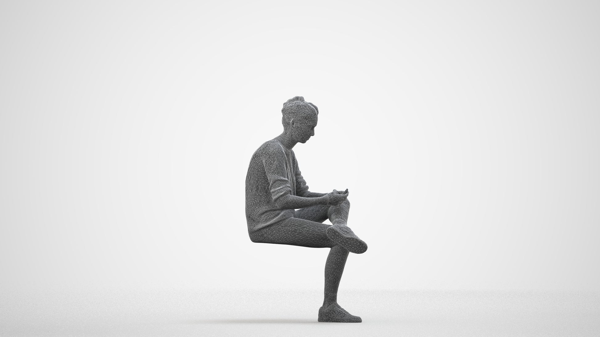 photogrammetry 3D woman casual sitting, realistic human model archviz FBX, wireframe side view