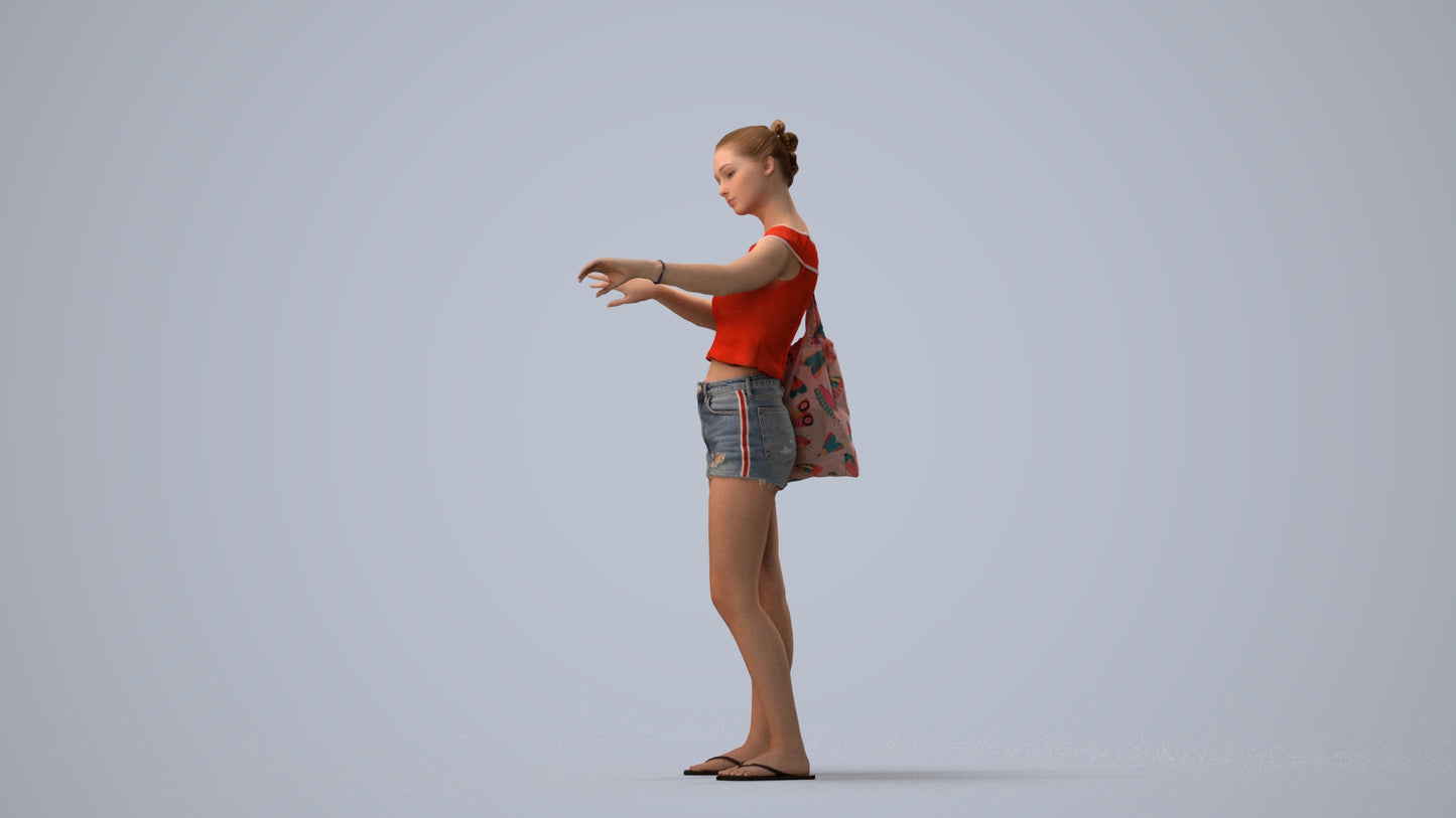3D scanned girl standing casual, photorealistic archviz people for Enscape and SketchUp, three-quarter view render