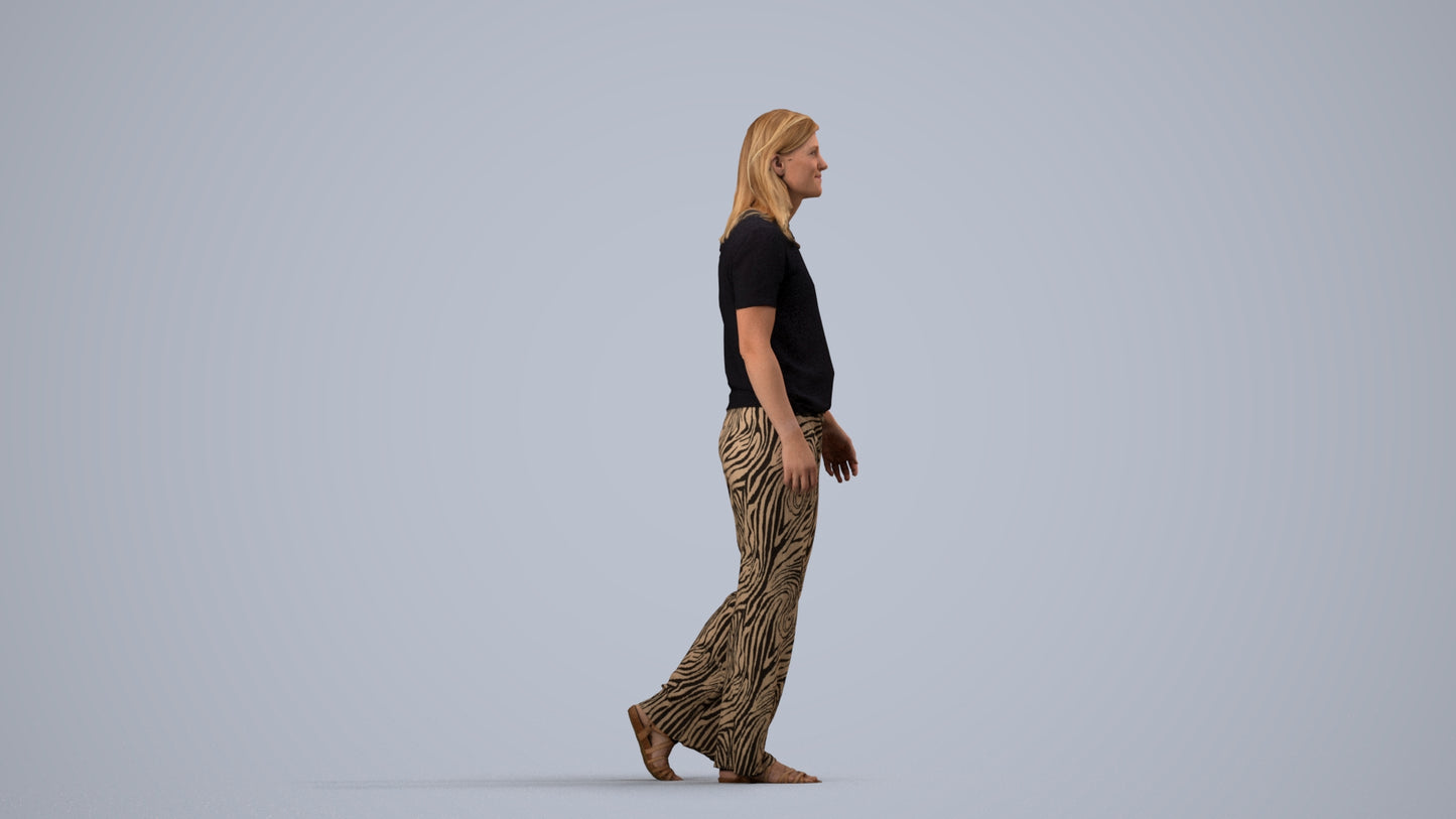 3D scanned woman walking casual, photorealistic archviz people for Enscape and SketchUp, side view render