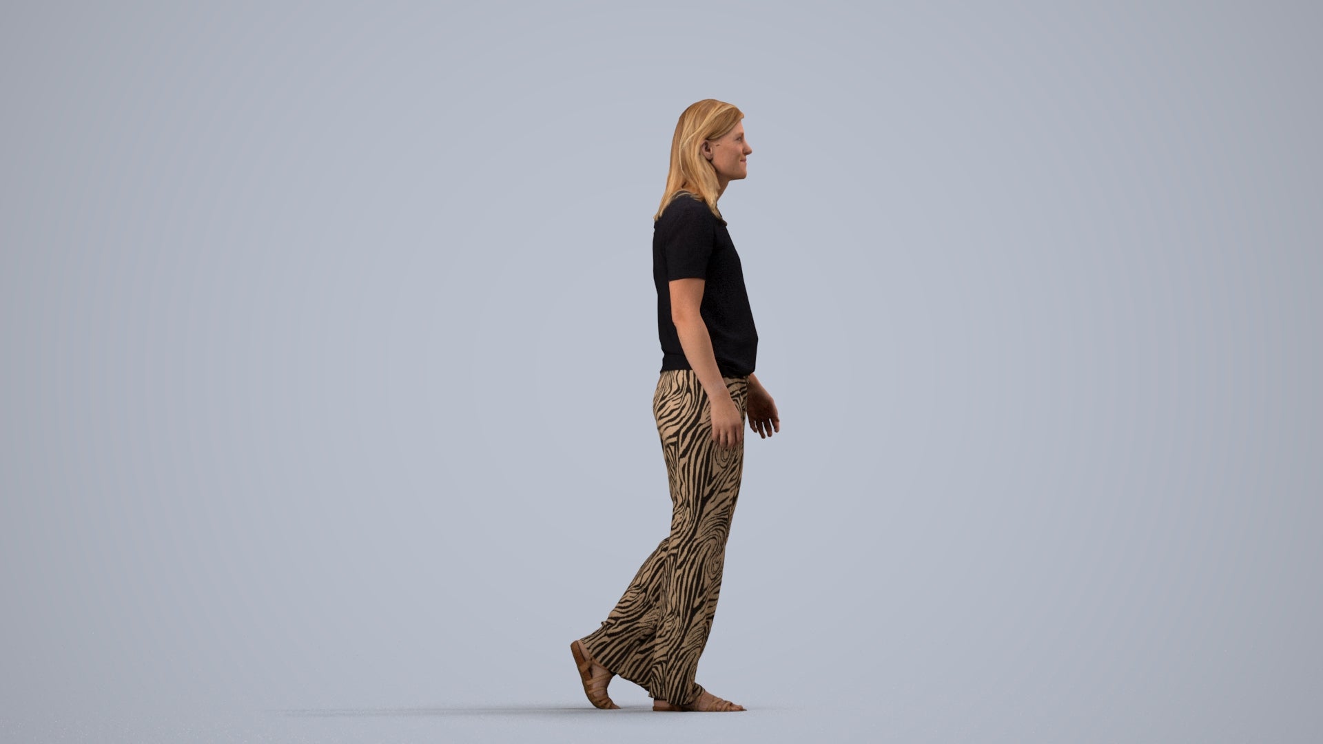 3D scanned woman walking casual, photorealistic archviz people for Enscape and SketchUp, side view render