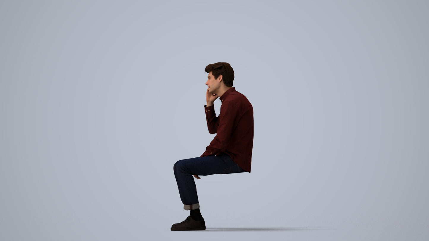 3D people model man casual sitting, scanned human for 3ds Max rendering, three-quarter view render