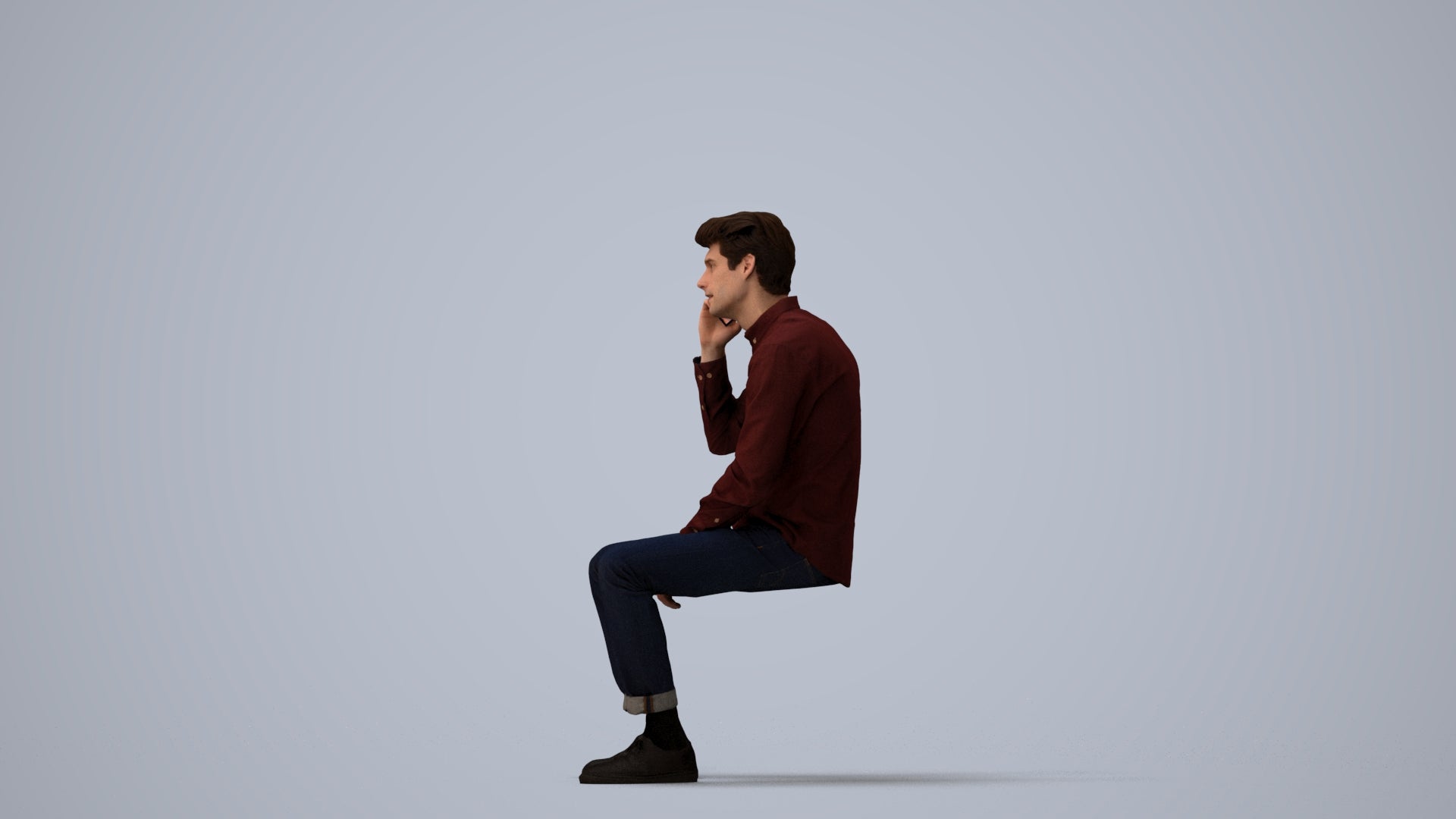 3D people model man casual sitting, scanned human for 3ds Max rendering, three-quarter view render