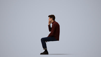 3D people model man casual sitting, scanned human for 3ds Max rendering, three-quarter view render