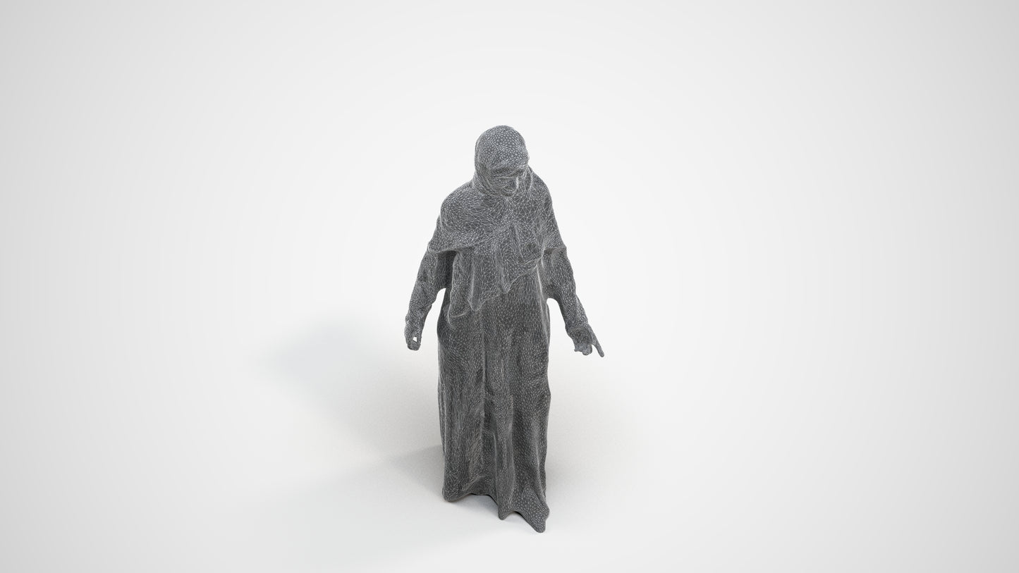 photogrammetry 3D woman standing, realistic human model archviz FBX, wireframe three-quarter view