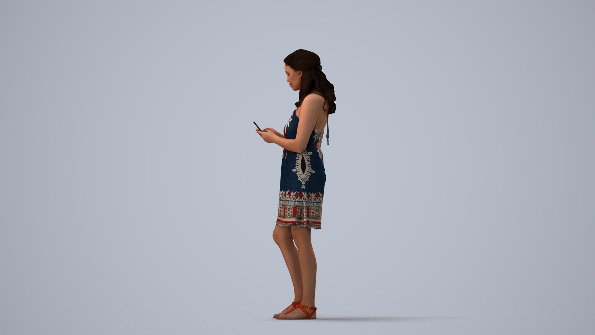 scanned 3D woman casual pool, photogrammetry people for Enscape and V-Ray, three-quarter view render