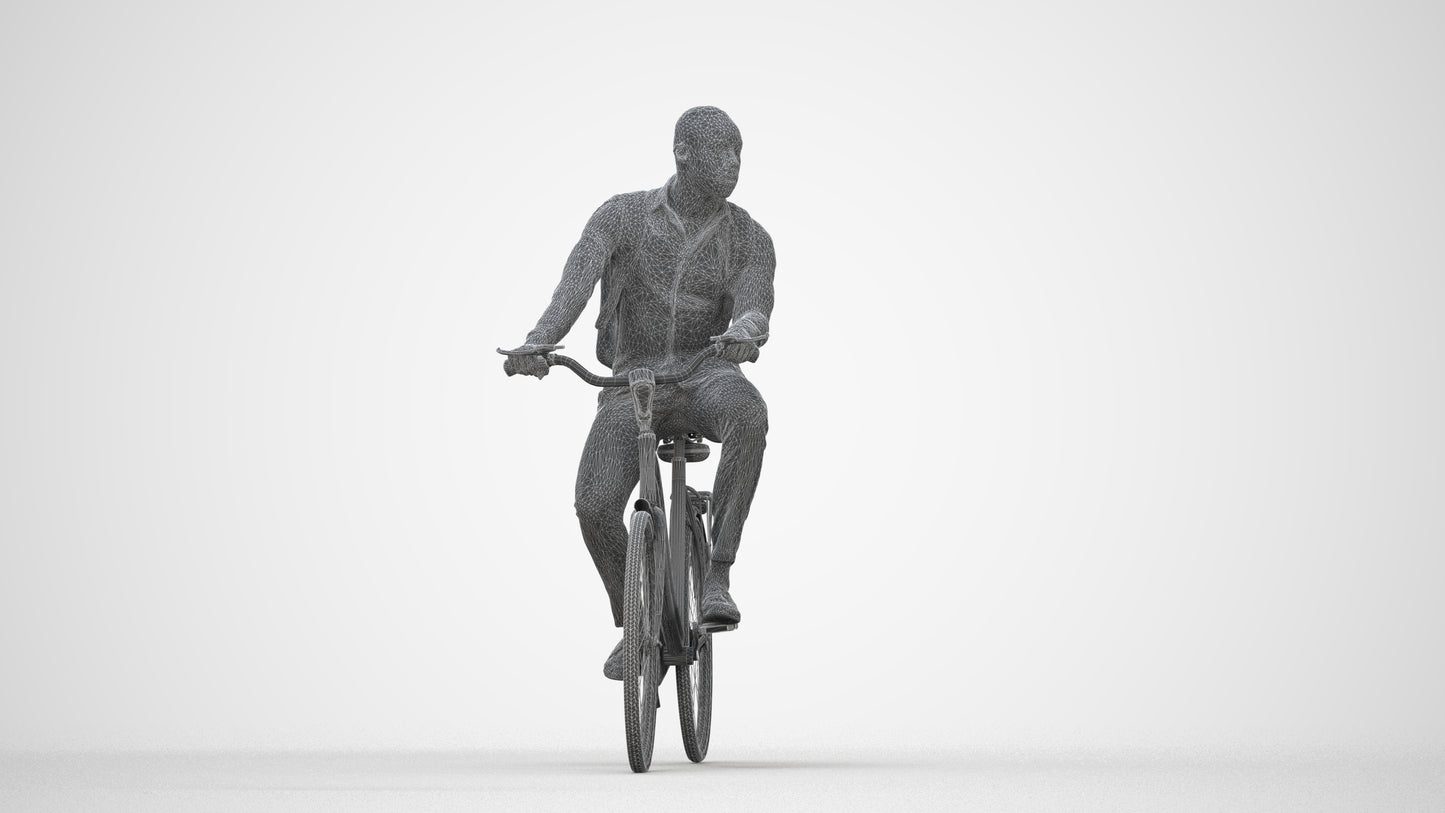 photogrammetry 3D man business cycling, realistic human model archviz FBX, wireframe back view