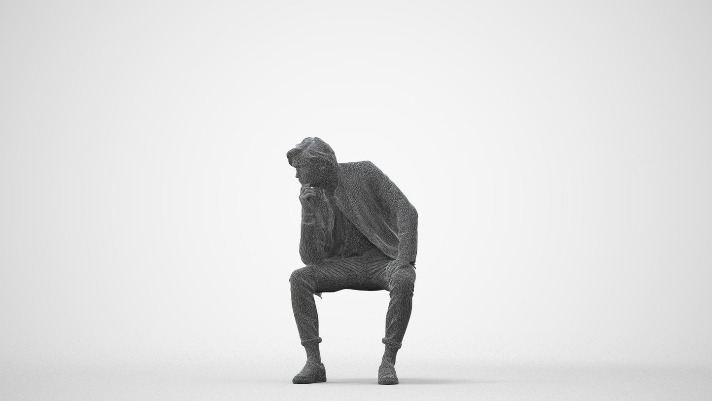 scanned 3D man casual sitting, photogrammetry people for Enscape and V-Ray, square thumbnail
