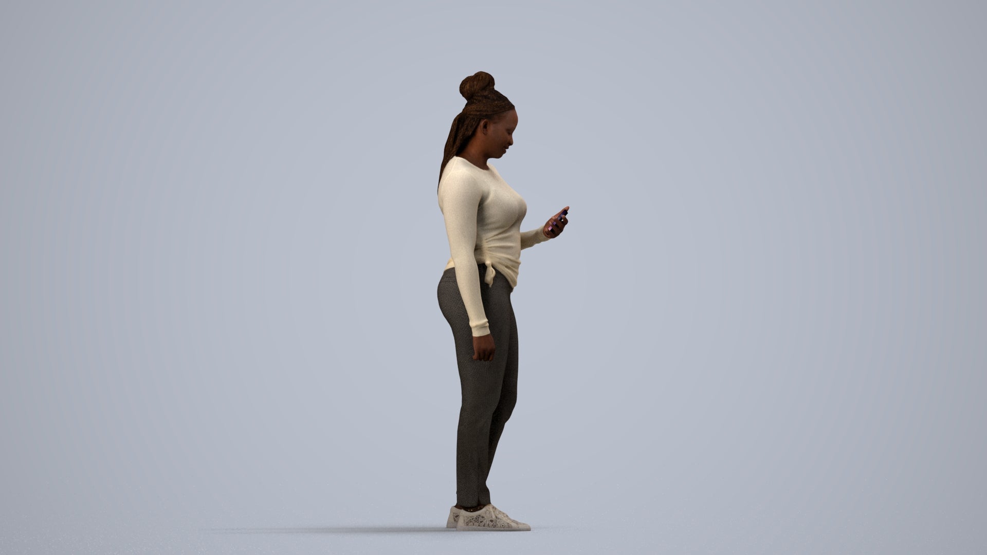 realistic 3D people woman casual standing, render-ready for V-Ray and Corona, FBX OBJ, side view render