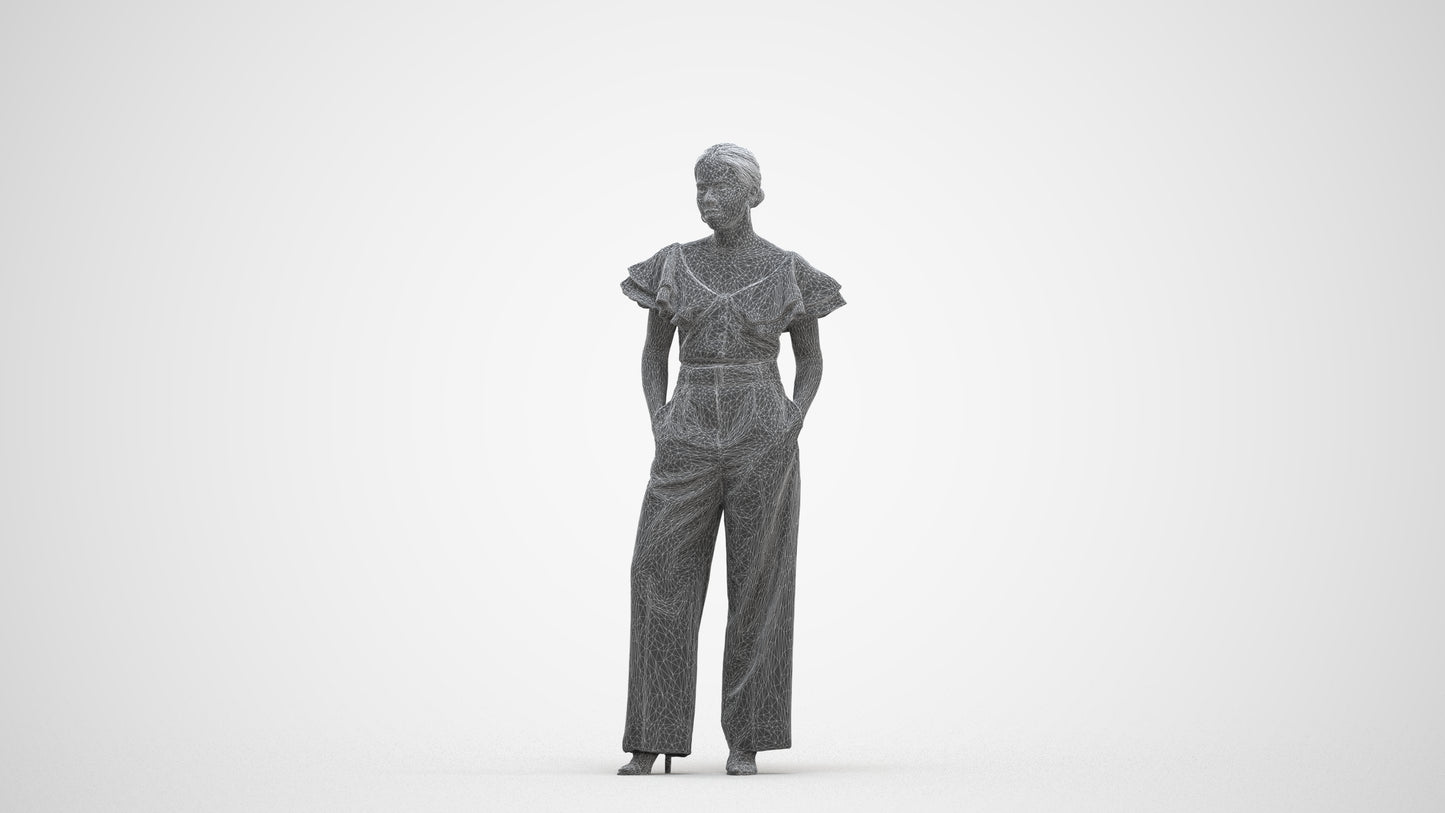3D scanned woman standing business, photorealistic archviz people for Enscape and SketchUp, three-quarter front view render
