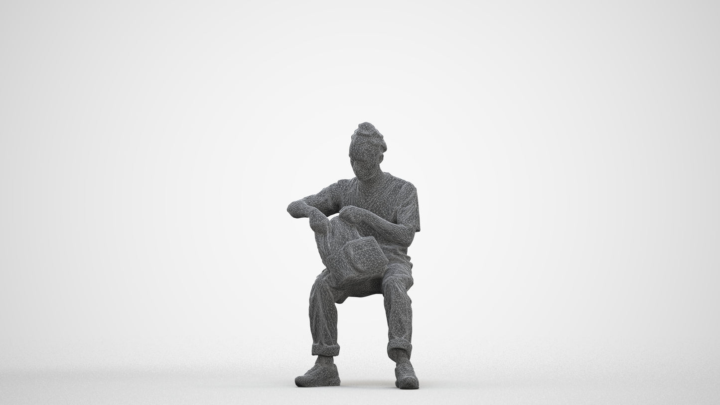 3D human model man casual sitting, photogrammetry scanned person for archviz, three-quarter front view render