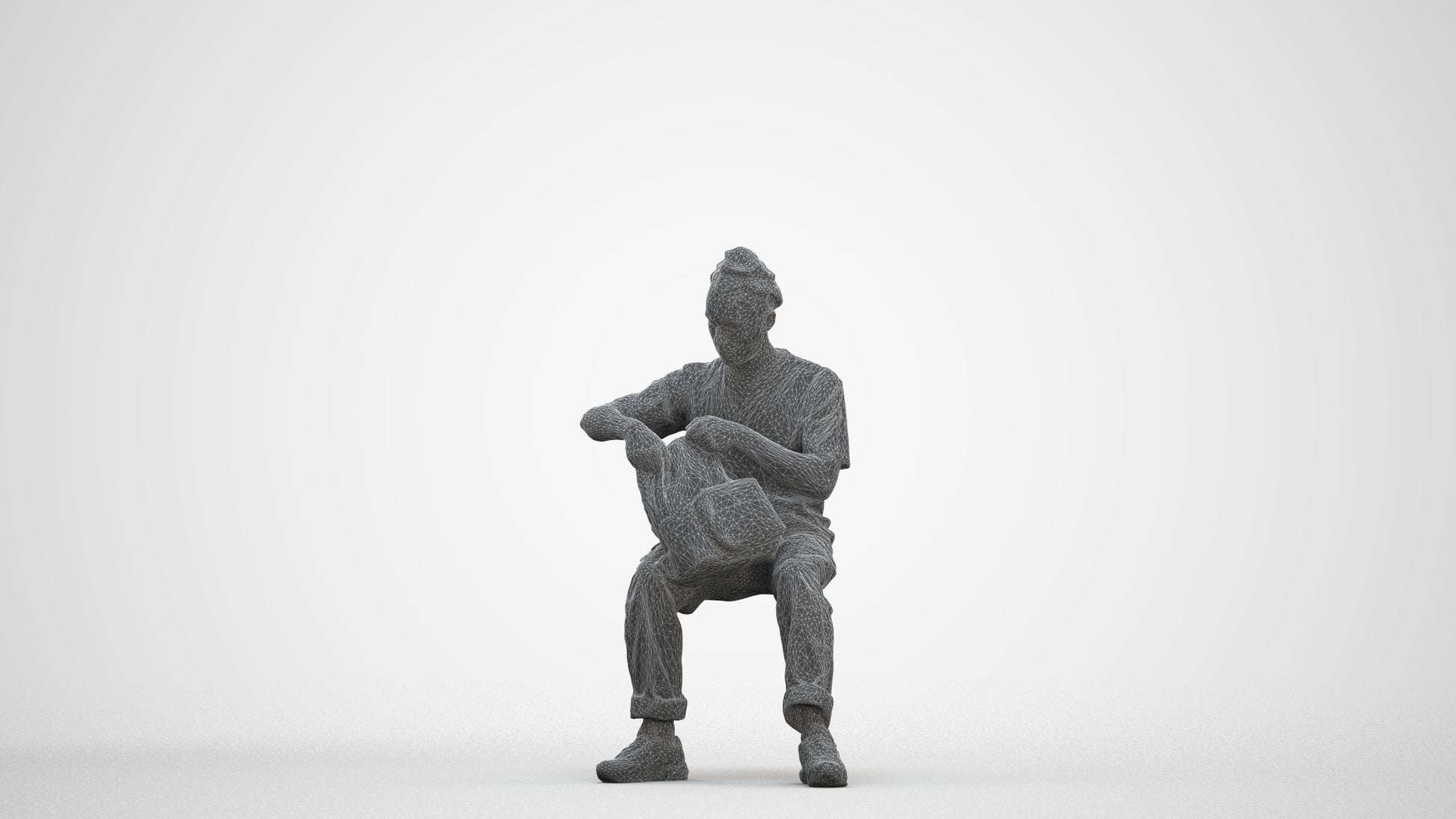 3D human model man casual sitting, photogrammetry scanned person for archviz, three-quarter front view render