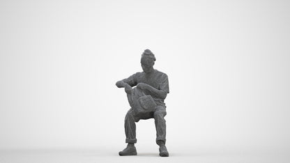 3D human model man casual sitting, photogrammetry scanned person for archviz, three-quarter front view render