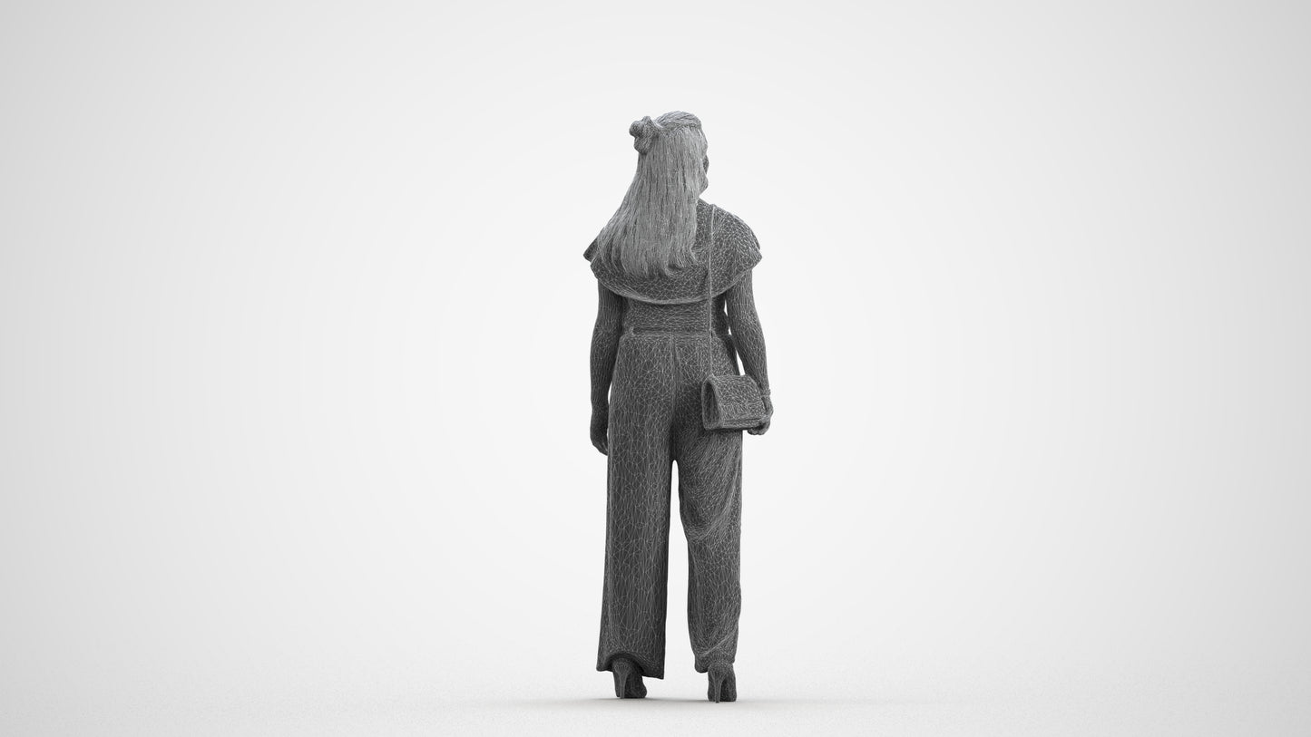 3D people model woman casual walking, scanned human for 3ds Max rendering, wireframe front view
