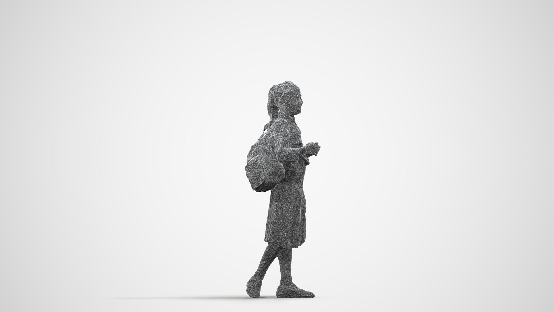 3D human model girl kids, photogrammetry scanned person for archviz, wireframe side view
