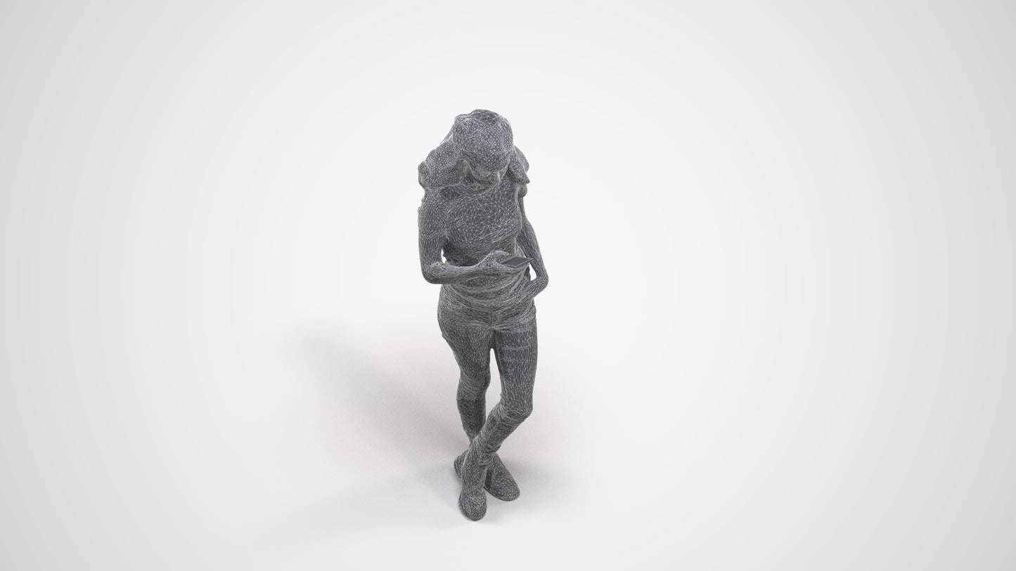 photogrammetry 3D woman casual standing, realistic human model archviz FBX, wireframe three-quarter view