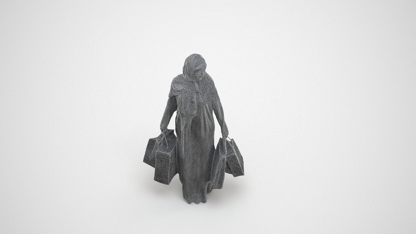 realistic 3D people woman casual shopping, render-ready for V-Ray and Corona, FBX OBJ, wireframe three-quarter view