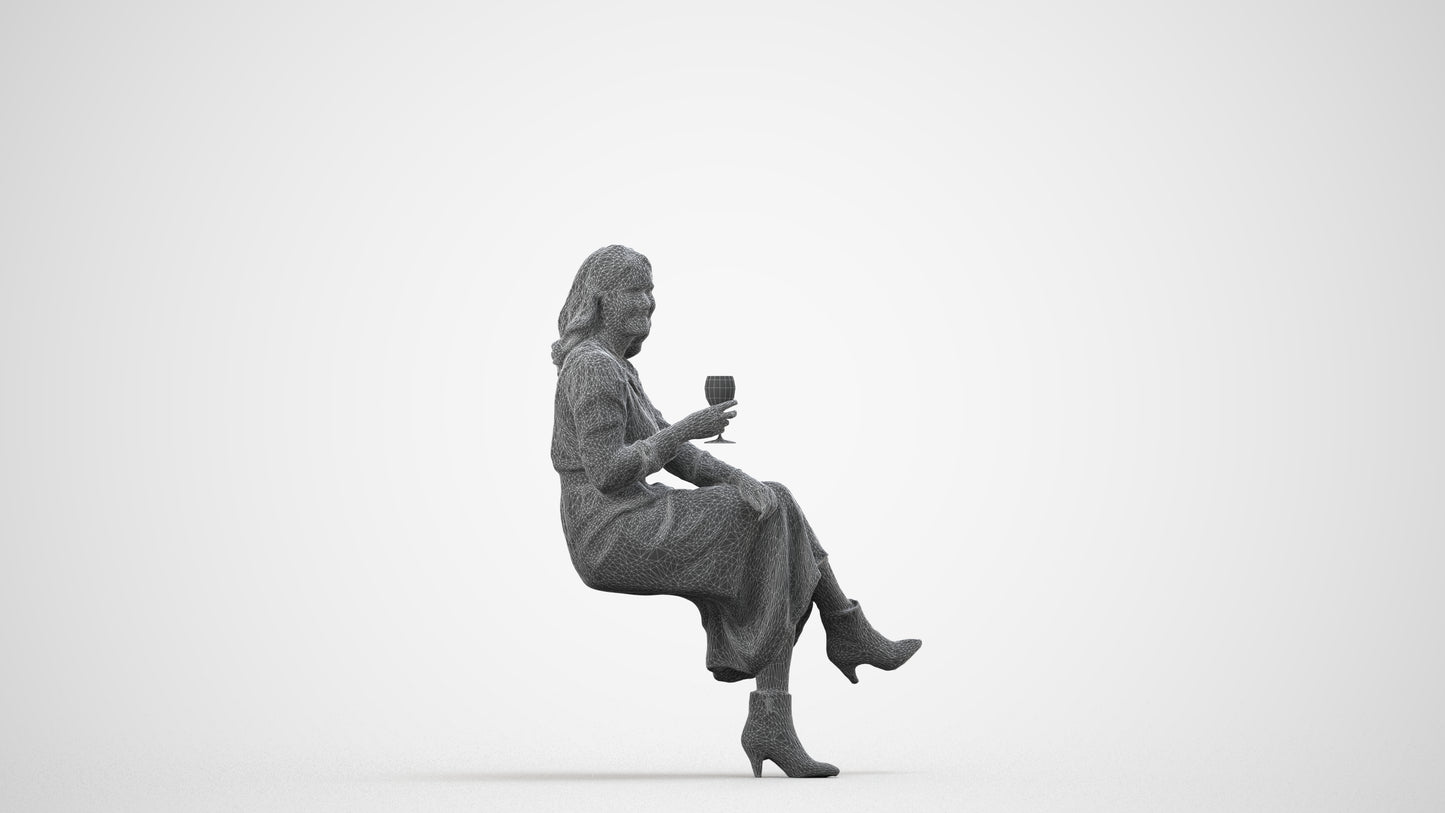 photogrammetry 3D woman casual sitting, realistic human model archviz FBX, wireframe side view