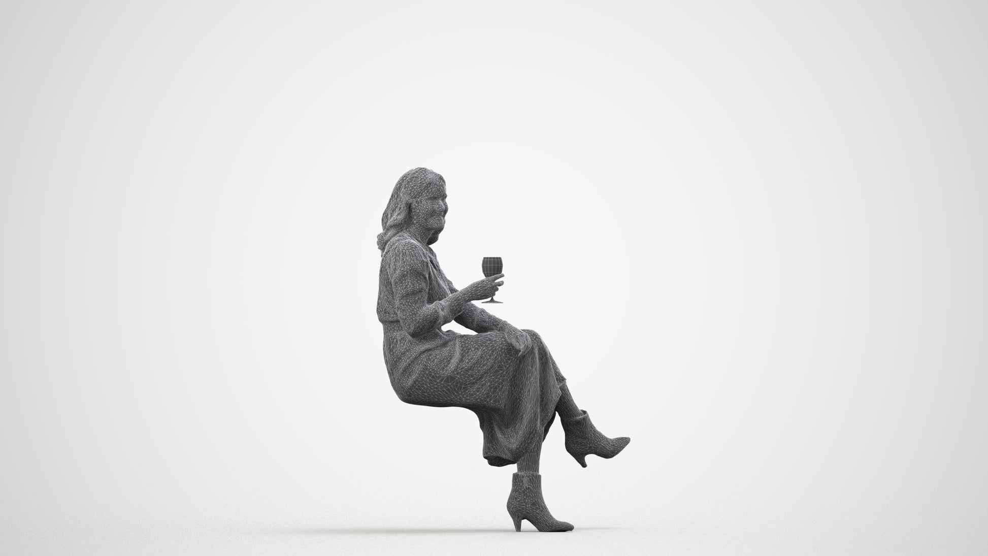 photogrammetry 3D woman casual sitting, realistic human model archviz FBX, wireframe side view