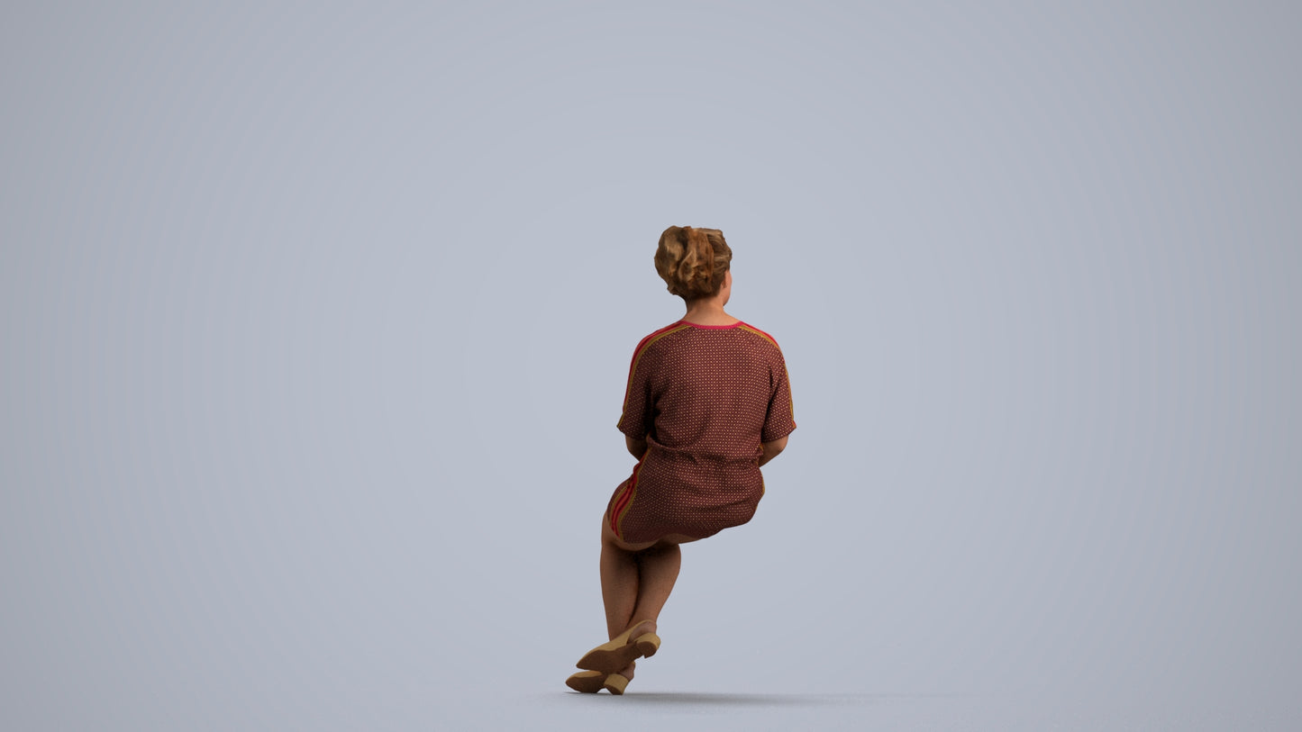 3D human model woman casual sitting, photogrammetry scanned person for archviz, front view render