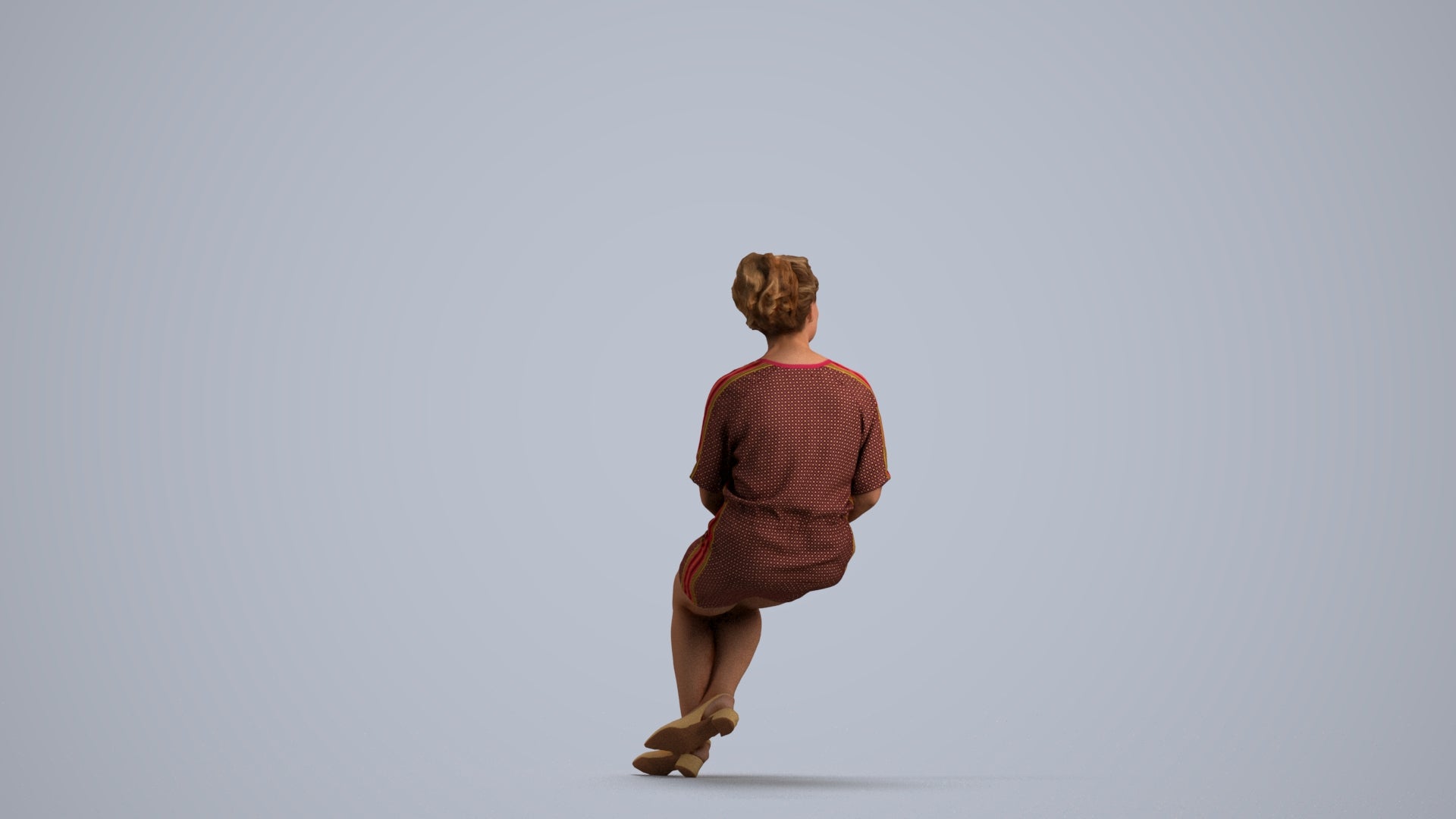 3D human model woman casual sitting, photogrammetry scanned person for archviz, front view render