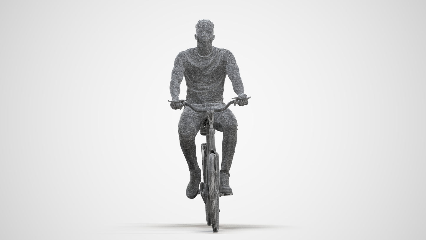 scanned 3D man casual cycling, photogrammetry people for Enscape and V-Ray, three-quarter front view render