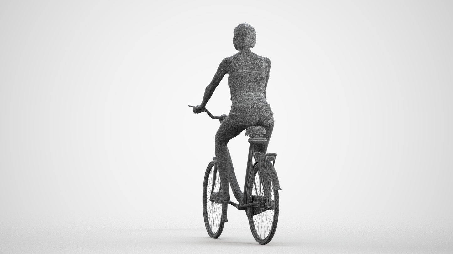 3D human model woman casual cycling, photogrammetry scanned person for archviz, wireframe front view