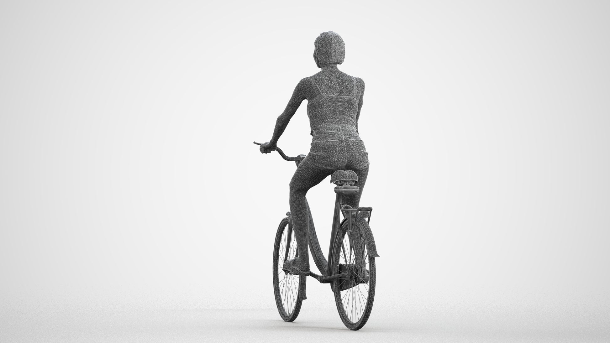3D human model woman casual cycling, photogrammetry scanned person for archviz, wireframe front view