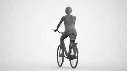 3D human model woman casual cycling, photogrammetry scanned person for archviz, wireframe front view