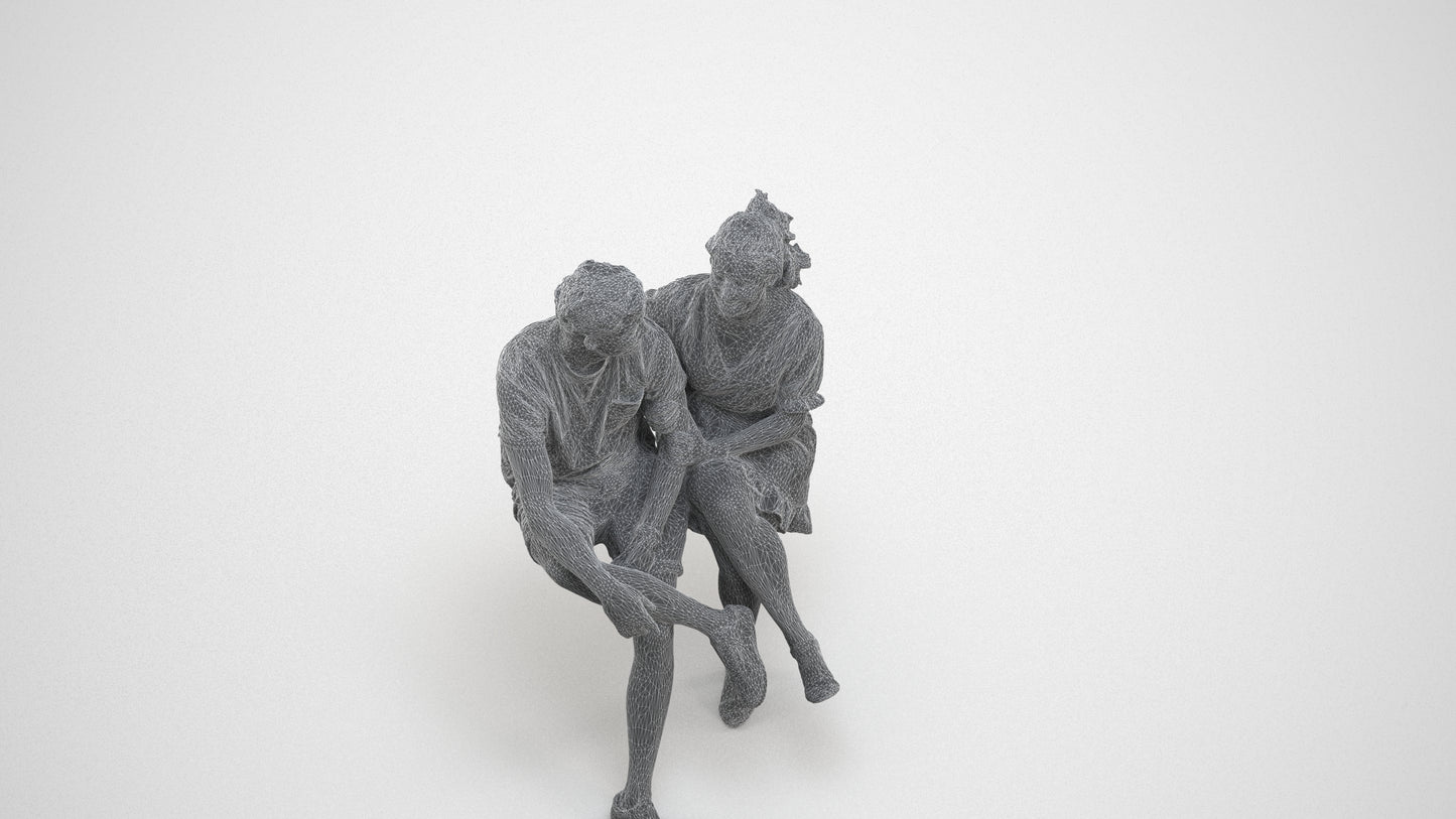 3D scanned woman couple casual, photorealistic archviz people for Enscape and SketchUp, wireframe three-quarter view