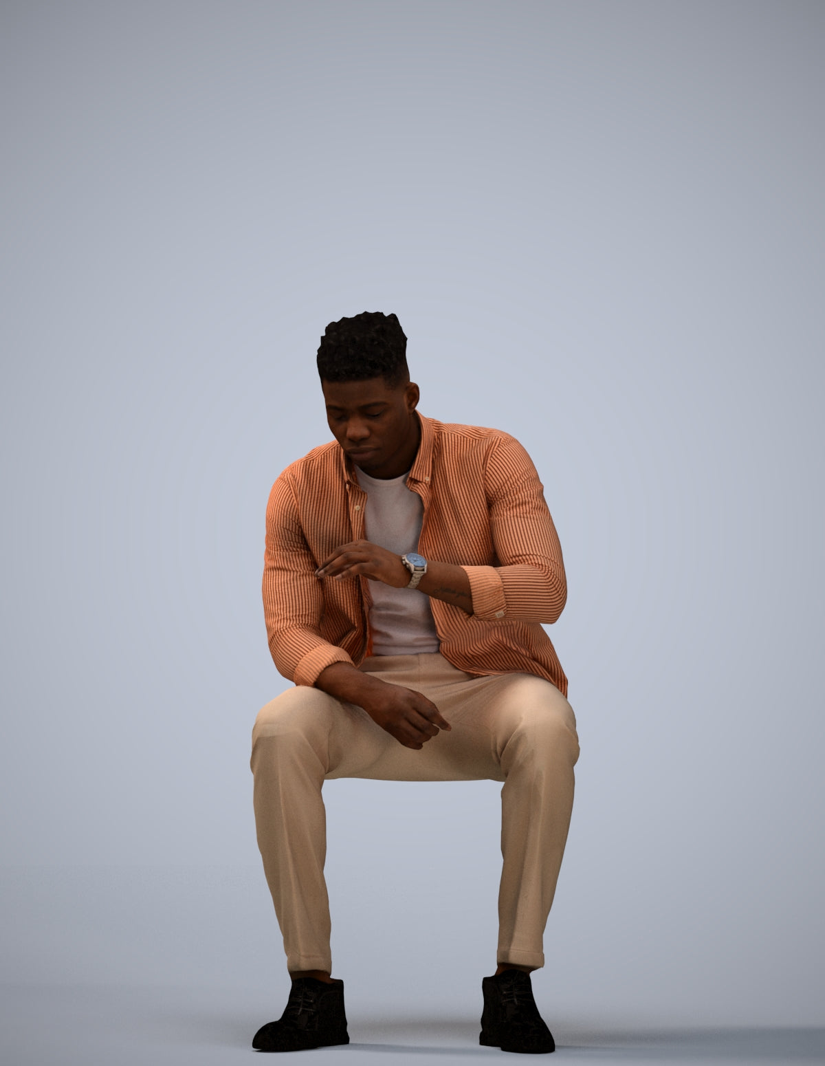 3D human model man casual sitting, photogrammetry scanned person for archviz