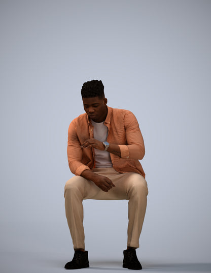 3D human model man casual sitting, photogrammetry scanned person for archviz