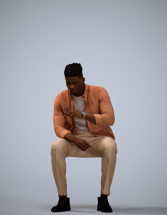 3D human model man casual sitting, photogrammetry scanned person for archviz